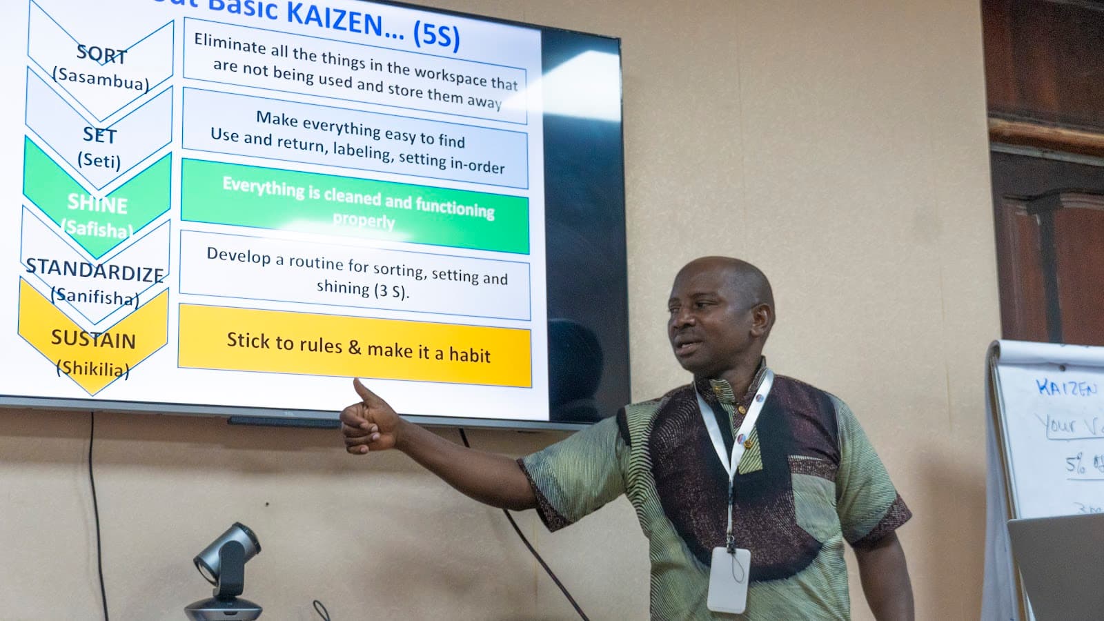 IMED facilitator explaining the 5S method during a practical KAIZEN training session